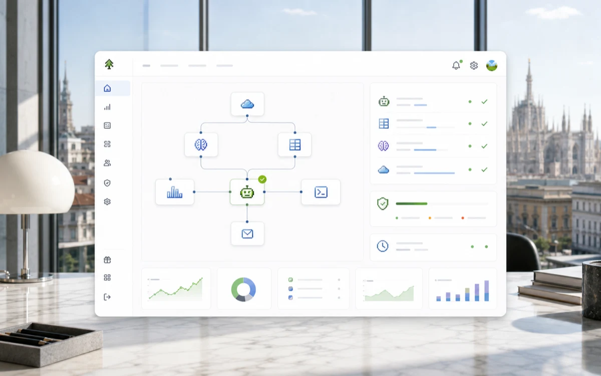 Dashboard di orchestrazione AI, in stile italiano